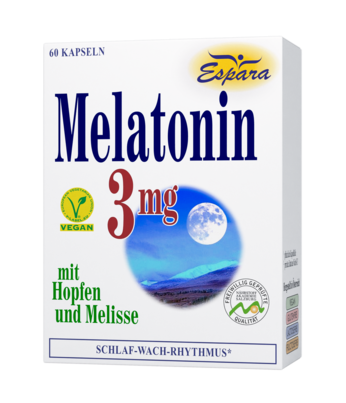 Sie sehen eine Packung Espara Melatonin 3mg Kapseln, 60 Stück, Produktbild: 03 Espara Melatonin 3mg Kapseln, 60 Stück, A-Nr.: 3957394 - 03
