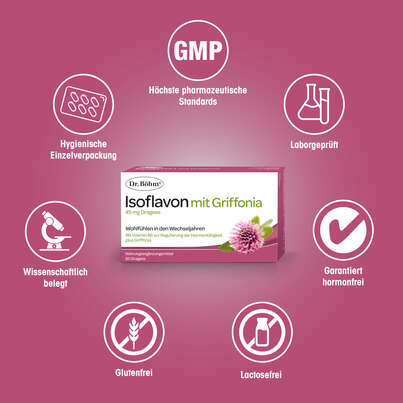 Sie sehen eine Packung Dr. Böhm Isoflavon mit Griffonia, 60 Stück, Produktbild: 04 Dr. Böhm Isoflavon mit Griffonia, 60 Stück, A-Nr.: 4356610 - 04