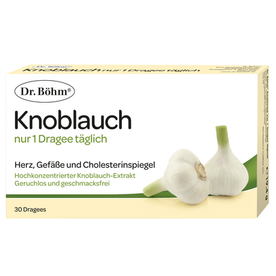 Sie sehen eine Packung Dr. Böhm Knoblauch nur 1 Dragee täglich, 30 Stück, Produktbild: 01 Dr. Böhm Knoblauch nur 1 Dragee täglich, 30 Stück, A-Nr.: 1520316 - 01