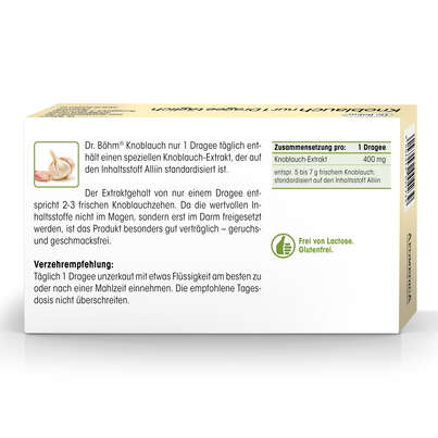 Sie sehen eine Packung Dr. Böhm Knoblauch nur 1 Dragee täglich, 90 Stück, Produktbild: 06 Dr. Böhm Knoblauch nur 1 Dragee täglich, 90 Stück, A-Nr.: 2552442 - 06