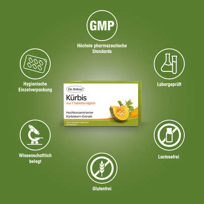Sie sehen eine Packung Dr. Böhm Kürbis nur 1 Tablette täglich, 90 Stück, Produktbild: 04 Dr. Böhm Kürbis nur 1 Tablette täglich, 90 Stück, A-Nr.: 2552459 - 04