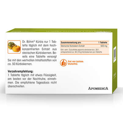 Sie sehen eine Packung Dr. Böhm Kürbis nur 1 Tablette täglich, 90 Stück, Produktbild: 06 Dr. Böhm Kürbis nur 1 Tablette täglich, 90 Stück, A-Nr.: 2552459 - 06