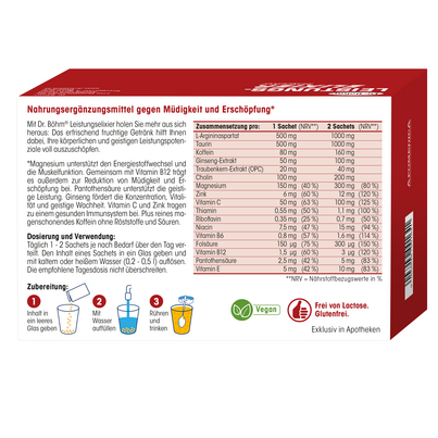 Sie sehen eine Packung Dr. Böhm Leistungselixier Brausegranulat, 28 Stück, Produktbild: 06 Dr. Böhm Leistungselixier Brausegranulat, 28 Stück, A-Nr.: 4555315 - 06