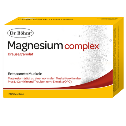 Sie sehen eine Packung Dr. Böhm Magnesium complex Brausegranulat, 28 Stück, Produktbild: 01 Dr. Böhm Magnesium complex Brausegranulat, 28 Stück, A-Nr.: 4846099 - 01