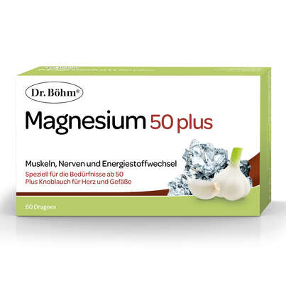 Sie sehen eine Packung Dr. Böhm Magnesium 50 plus Dragees, 60 Stück, Produktbild: 01 Dr. Böhm Magnesium 50 plus Dragees, 60 Stück, A-Nr.: 4607213 - 01