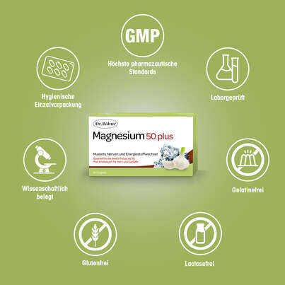 Sie sehen eine Packung Dr. Böhm Magnesium 50 plus Dragees, 60 Stück, Produktbild: 04 Dr. Böhm Magnesium 50 plus Dragees, 60 Stück, A-Nr.: 4607213 - 04