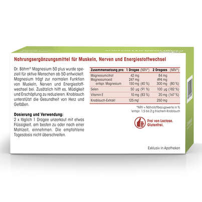 Sie sehen eine Packung Dr. Böhm Magnesium 50 plus Dragees, 60 Stück, Produktbild: 06 Dr. Böhm Magnesium 50 plus Dragees, 60 Stück, A-Nr.: 4607213 - 06