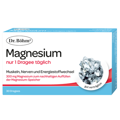 Sie sehen eine Packung Dr. Böhm Magnesium nur 1 Dragee täglich, 30 Stück, Produktbild: 01 Dr. Böhm Magnesium nur 1 Dragee täglich, 30 Stück, A-Nr.: 1854738 - 01