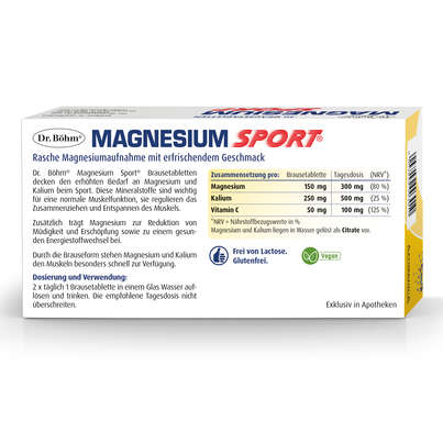 Sie sehen eine Packung Dr. Böhm Magnesium Sport Brausetabletten, 40 Stück, Produktbild: 06 Dr. Böhm Magnesium Sport Brausetabletten, 40 Stück, A-Nr.: 2745709 - 06