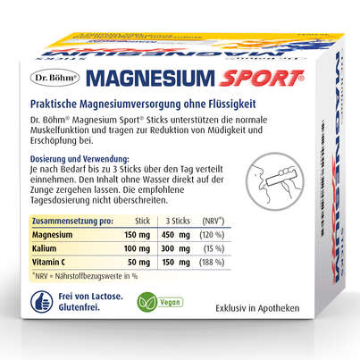 Sie sehen eine Packung Dr. Böhm Magnesium Sport Sticks, 40 Stück, Produktbild: 06 Dr. Böhm Magnesium Sport Sticks, 40 Stück, A-Nr.: 4726627 - 06