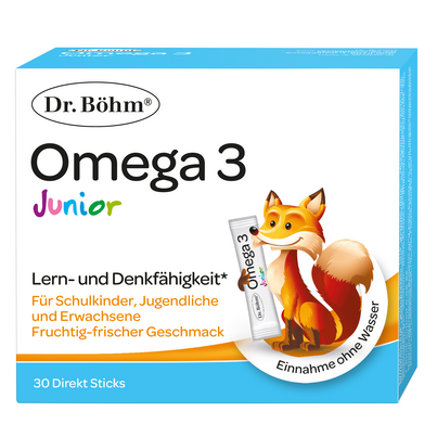 Sie sehen eine Packung Dr. Böhm Junior Omega 3 Sticks, 30 Stück, Produktbild: 01 Dr. Böhm Junior Omega 3 Sticks, 30 Stück, A-Nr.: 4143357 - 01