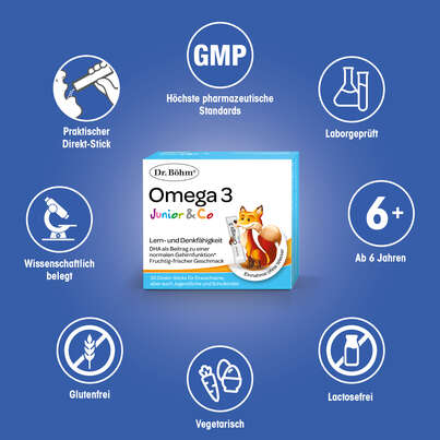 Sie sehen eine Packung Dr. Böhm Junior Omega 3 Sticks, 30 Stück, Produktbild: 04 Dr. Böhm Junior Omega 3 Sticks, 30 Stück, A-Nr.: 4143357 - 04