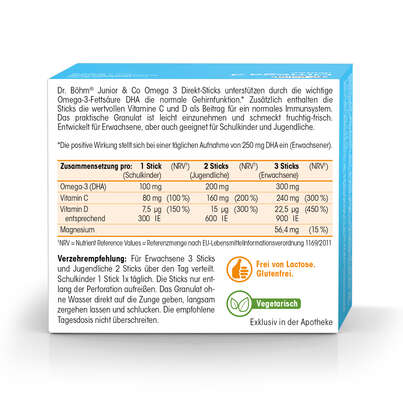 Sie sehen eine Packung Dr. Böhm Junior Omega 3 Sticks, 30 Stück, Produktbild: 06 Dr. Böhm Junior Omega 3 Sticks, 30 Stück, A-Nr.: 4143357 - 06