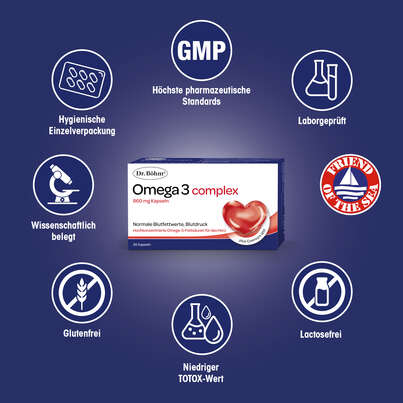 Sie sehen eine Packung Dr. Böhm Omega 3 complex, 30 Stück, Produktbild: 04 Dr. Böhm Omega 3 complex, 30 Stück, A-Nr.: 4162047 - 04