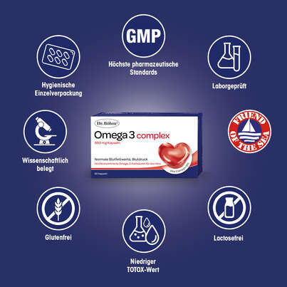Sie sehen eine Packung Dr. Böhm Omega 3 complex, 60 Stück, Produktbild: 04 Dr. Böhm Omega 3 complex, 60 Stück, A-Nr.: 4733573 - 04