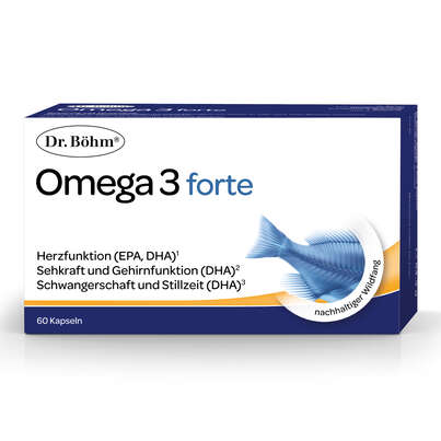 Sie sehen eine Packung Dr. Böhm Omega 3 forte, 60 Stück, Produktbild: 01 Dr. Böhm Omega 3 forte, 60 Stück, A-Nr.: 3039505 - 01