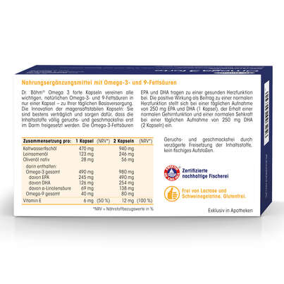Sie sehen eine Packung Dr. Böhm Omega 3 forte, 60 Stück, Produktbild: 06 Dr. Böhm Omega 3 forte, 60 Stück, A-Nr.: 3039505 - 06