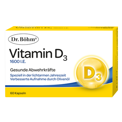 Sie sehen eine Packung Dr. Böhm Vitamin D3, 60 Stück, Produktbild: 01 Dr. Böhm Vitamin D3, 60 Stück, A-Nr.: 4902001 - 01
