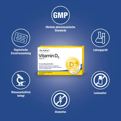 Sie sehen eine Packung Dr. Böhm Vitamin D3, 60 Stück, Produktbild: 04 Dr. Böhm Vitamin D3, 60 Stück, A-Nr.: 4902001 - 04