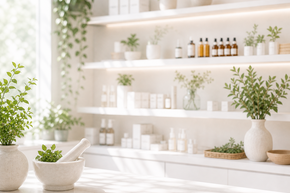Helle, moderne Naturapotheke mit pflanzlichen Produkten, Kräutern und natürlicher Pflege in ruhiger, freundlicher Atmosphäre.