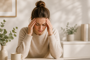 Eine Frau hält ihren Kopf vor Stress