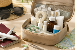 Geöffnete Reiseapotheke mit Medikamenten, Verbandsmaterial und Pflegeprodukten neben Reisepass und Flugzeug – Symbolbild für Gesundheit auf Reisen und Urlaubsvorsorge.