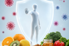 Symbolische Darstellung der Immunabwehr mit Schutzschild, Viren und vitaminreichen Lebensmitteln wie Zitrusfrüchten, Ingwer, Knoblauch und Gemüse zur Unterstützung des Immunsystems.