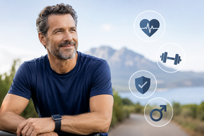 Sportlicher Mann mittleren Alters mit Symbolen für Herzgesundheit, Fitness und Vorsorge – Symbolbild für Männergesundheit und gesundes Altern.