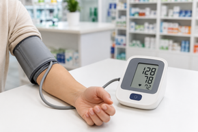 Person lässt in der Apotheke den Blutdruck messen – digitales Blutdruckmessgerät mit Anzeige auf einem Beratungstisch in der Rotunden Apotheke.