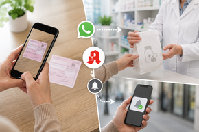 WhatsApp-Vorbestellung in der Rotunden Apotheke mit Rezeptfoto, Abholung von Medikamenten und Benachrichtigung am Smartphone.