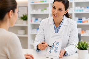 Apothekerin berät Kundin in der Rotunden Apotheke zum Thema Impfungen und Impfberatung anhand eines Informationsblatts.