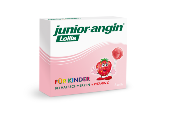 Sie sehen eine Packung junior-angin® Lollis, Produktbild: 01 junior-angin® Lollis, A-Nr.: 5175081 - 01