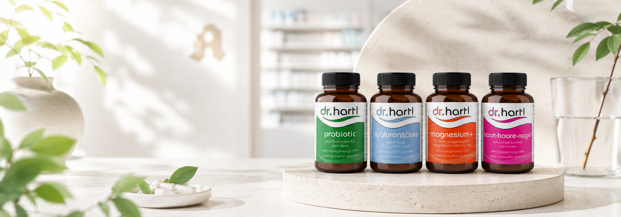 Dr. Hartl Nahrungsergänzungsmittel mit Probiotika, Hyaluronsäure, Magnesium und Haut-Haare-Nägel-Produkten in der Rotunden Apotheke.