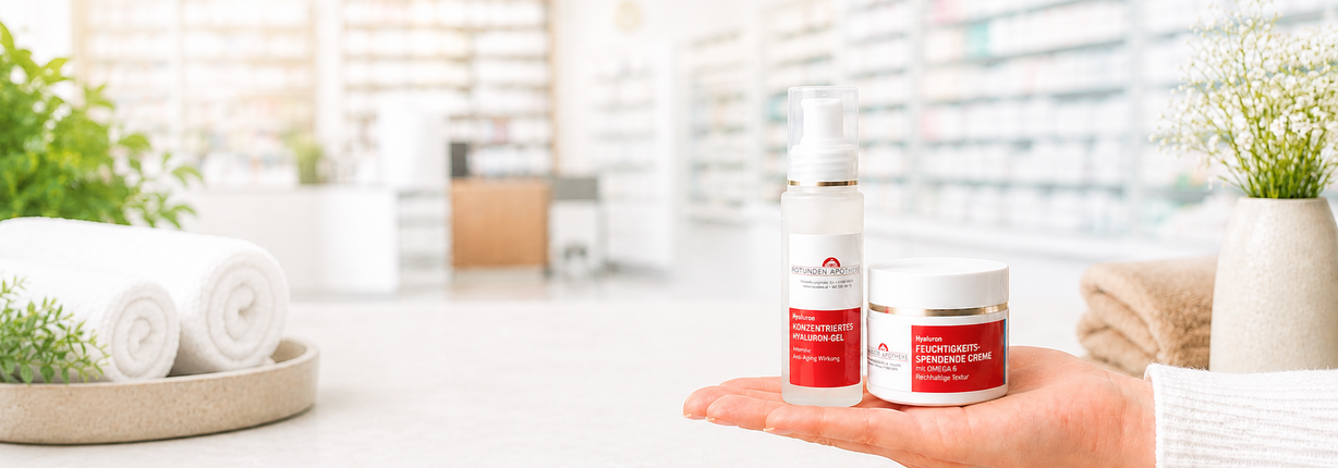 Kosmetikprodukte der Rotunden Apotheke mit Hyaluronpflege und Feuchtigkeitscreme – Symbolbild für Beauty, Hautpflege und Dermokosmetik.