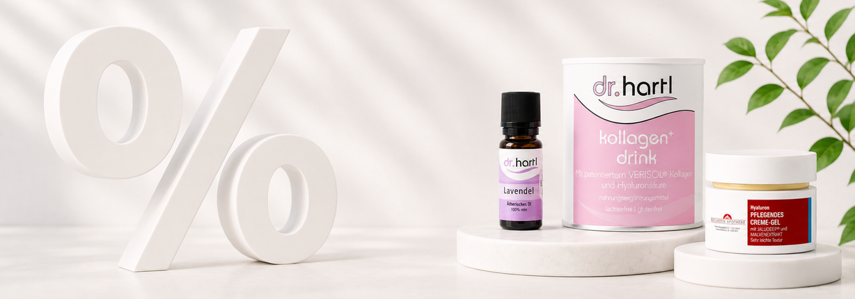 Aktionsprodukte der Rotunden Apotheke mit Dr. Hartl Kollagen, Lavendelöl und Hyaluronpflege – Symbolbild für Angebote und Aktionen.