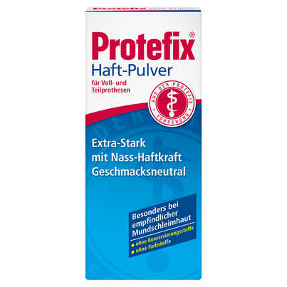Sie sehen eine Packung Protefix Haftpulver extra stark, 50 Gramm, Produktbild: 01 Protefix Haftpulver extra stark, 50 Gramm, A-Nr.: 1060441 - 01