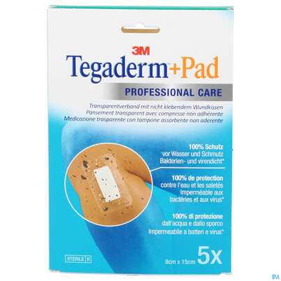 Sie sehen eine Packung 3M Tegaderm + Pad 9 x 15 cm, 5 Stück, Produktbild: 01 3M Tegaderm + Pad 9 x 15 cm, 5 Stück, A-Nr.: 2022520 - 01