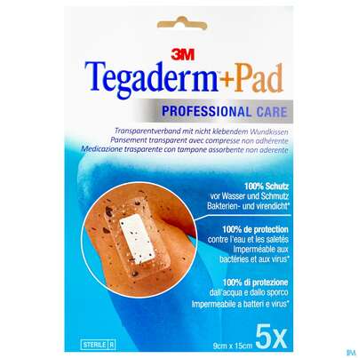 Sie sehen eine Packung 3M Tegaderm + Pad 9 x 15 cm, 5 Stück, Produktbild: 02 3M Tegaderm + Pad 9 x 15 cm, 5 Stück, A-Nr.: 2022520 - 02