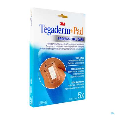 Sie sehen eine Packung 3M Tegaderm + Pad 9 x 15 cm, 5 Stück, Produktbild: 03 3M Tegaderm + Pad 9 x 15 cm, 5 Stück, A-Nr.: 2022520 - 03