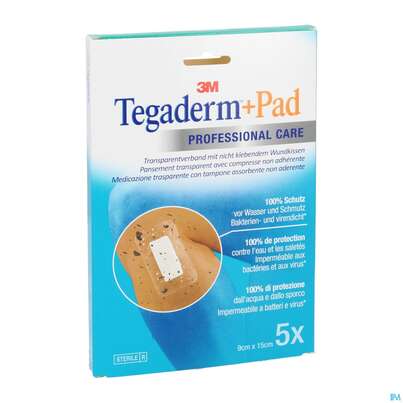 Sie sehen eine Packung 3M Tegaderm + Pad 9 x 15 cm, 5 Stück, Produktbild: 05 3M Tegaderm + Pad 9 x 15 cm, 5 Stück, A-Nr.: 2022520 - 05