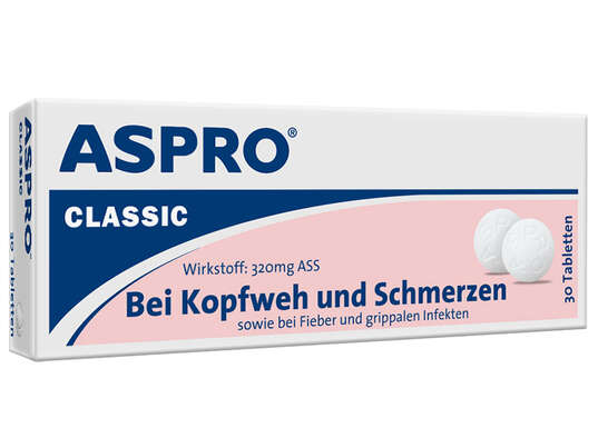 Sie sehen eine Packung Aspro® Classic Tabletten, 30 Stück, Produktbild: 02 Aspro® Classic Tabletten, 30 Stück, A-Nr.: 0004392 - 02