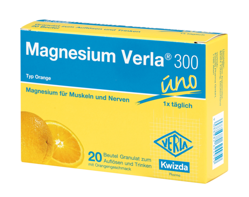 Sie sehen eine Packung Magnesium Verla 300 uno Orange, 20 Stück, Produktbild: 01 Magnesium Verla 300 uno Orange, 20 Stück, A-Nr.: 2624957 - 01