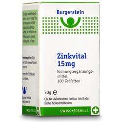 Sie sehen eine Packung BURGERST ZINKVITAL 15MG TBL, 100 Stück, Produktbild: 01 BURGERST ZINKVITAL 15MG TBL, 100 Stück, A-Nr.: 3052569 - 01