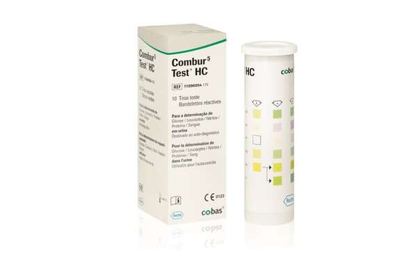 Sie sehen eine Packung Combur-5-Test HC, 10 Stück, Produktbild: 01 Combur-5-Test HC, 10 Stück, A-Nr.: 3294309 - 01