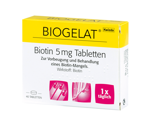 Sie sehen eine Packung BIOGELAT BIOTIN 5 mg Tabletten, 40 Stück, Produktbild: 02 BIOGELAT BIOTIN 5 mg Tabletten, 40 Stück, A-Nr.: 3524169 - 02