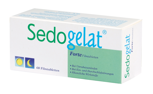 Sie sehen eine Packung Sedogelat Forte Filmtabletten, 60 Stück, Produktbild: 01 Sedogelat Forte Filmtabletten, 60 Stück, A-Nr.: 3915846 - 01