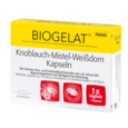 Sie sehen eine Packung Biogelat Knoblauch-Mistel-Weißdorn Kapseln, 30 Stück, Produktbild: 01 Biogelat Knoblauch-Mistel-Weißdorn Kapseln, 30 Stück, A-Nr.: 3920652 - 01