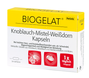 Sie sehen eine Packung Biogelat Knoblauch-Mistel-Weißdorn Kapseln, 30 Stück, Produktbild: 02 Biogelat Knoblauch-Mistel-Weißdorn Kapseln, 30 Stück, A-Nr.: 3920652 - 02