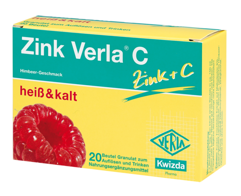 Sie sehen eine Packung Zink Verla C 5 mg Granulat Himbeer, 20 Stück, Produktbild: 02 Zink Verla C 5 mg Granulat Himbeer, 20 Stück, A-Nr.: 4104191 - 02
