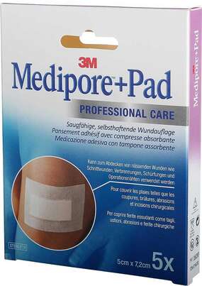 Sie sehen eine Packung 3M Medipore + Pad 5 x 7,2 cm, 5 Stück, Produktbild: 01 3M Medipore + Pad 5 x 7,2 cm, 5 Stück, A-Nr.: 1994310 - 01